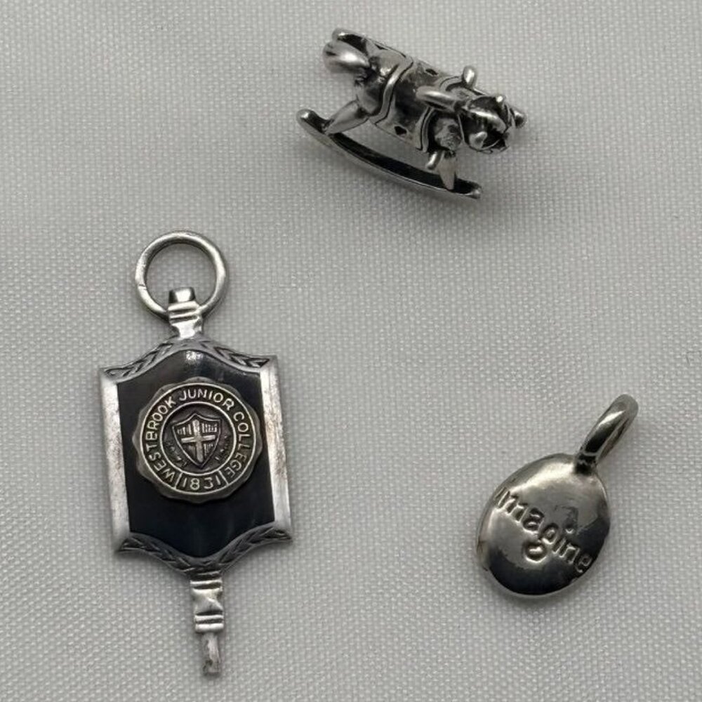 Lot of 3 Small Sterling Silver Charms Rocking Horse, College Charm, Nugget Charm - Picture 2 of 9